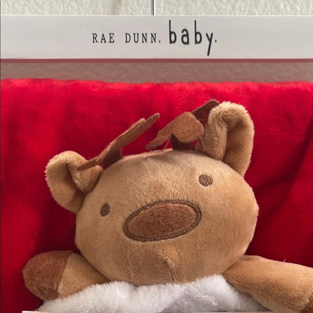 Rae Dunn BABY’S 1st CHRISTMAS Red White Baby Blanket with Reindeer Plush Lovie